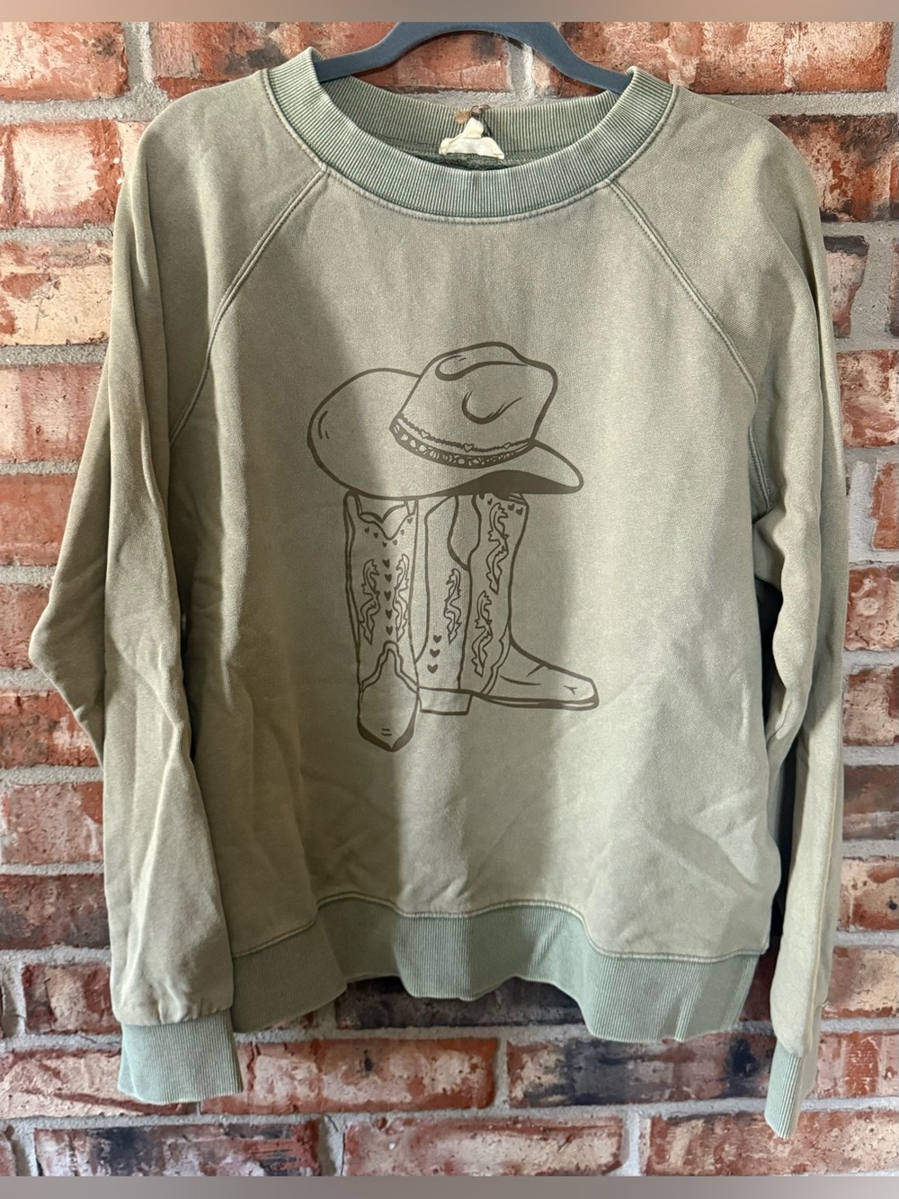 easel Olive Green Crewneck Sweatshirt with Cowboy Hat & Boots Graphic